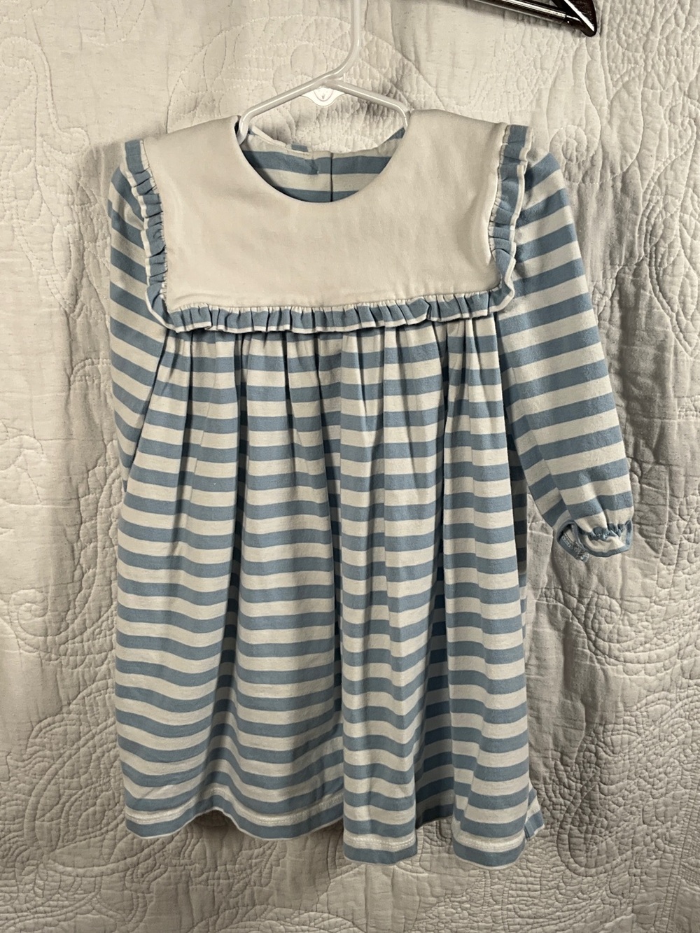 Classic Blue & White Striped Girls' Casual Dress with White Bib
